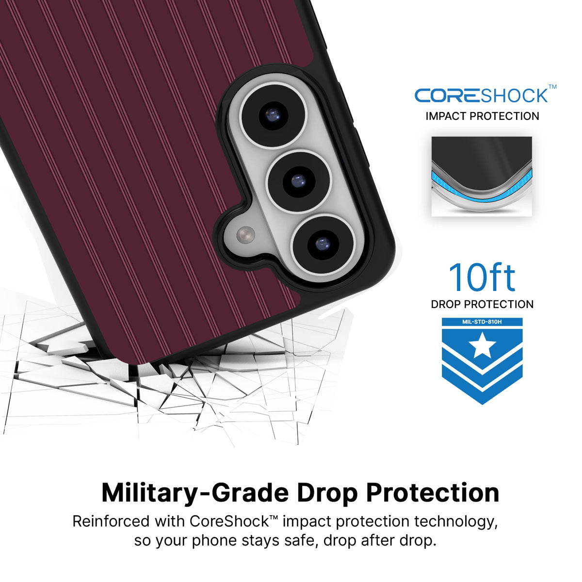 Mulberry Pinstripe Samsung Galaxy S26 case with 10ft military-grade drop protection
