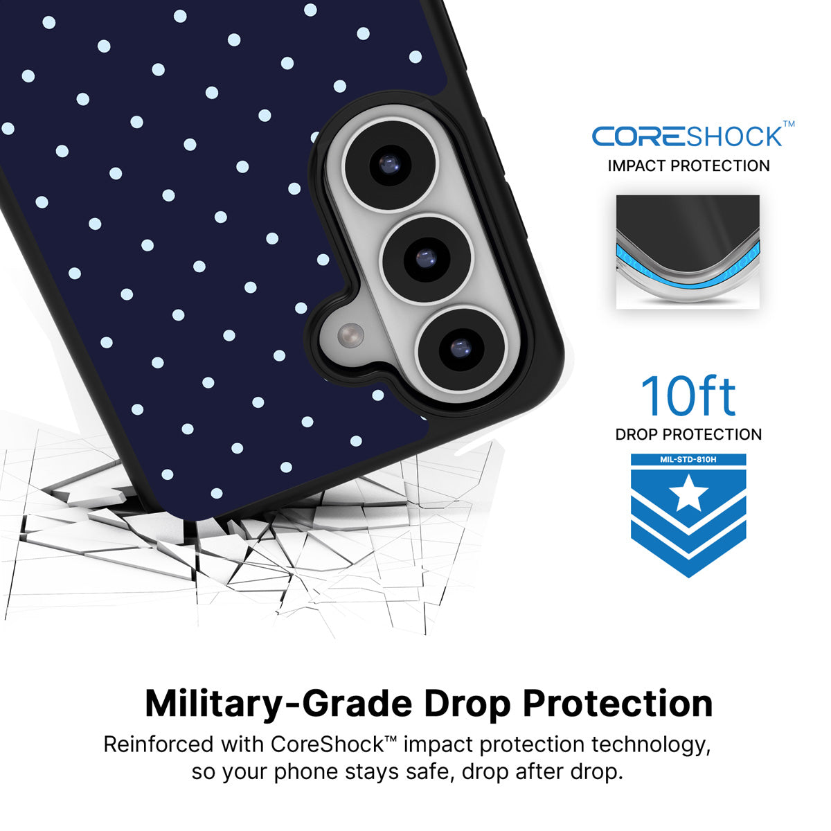 Navy Whisper Samsung Galaxy S26 case with 10ft military-grade drop protection