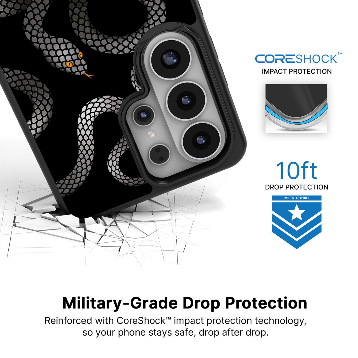 Noir Serpent Samsung Galaxy S26 Ultra case with 10ft military-grade drop protection