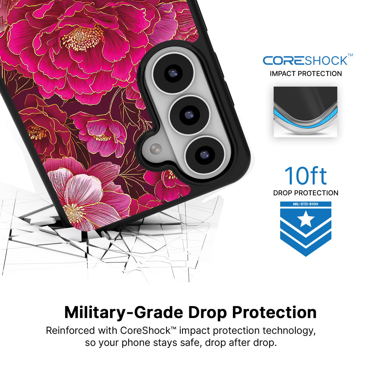Pink Reverie Samsung Galaxy S26 case with 10ft military-grade drop protection