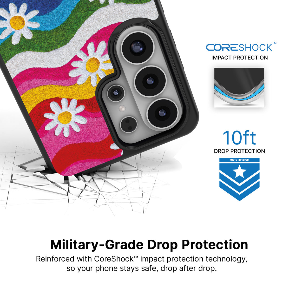 Rainbow Daisy Samsung Galaxy S26 Ultra case with 10ft military-grade drop protection