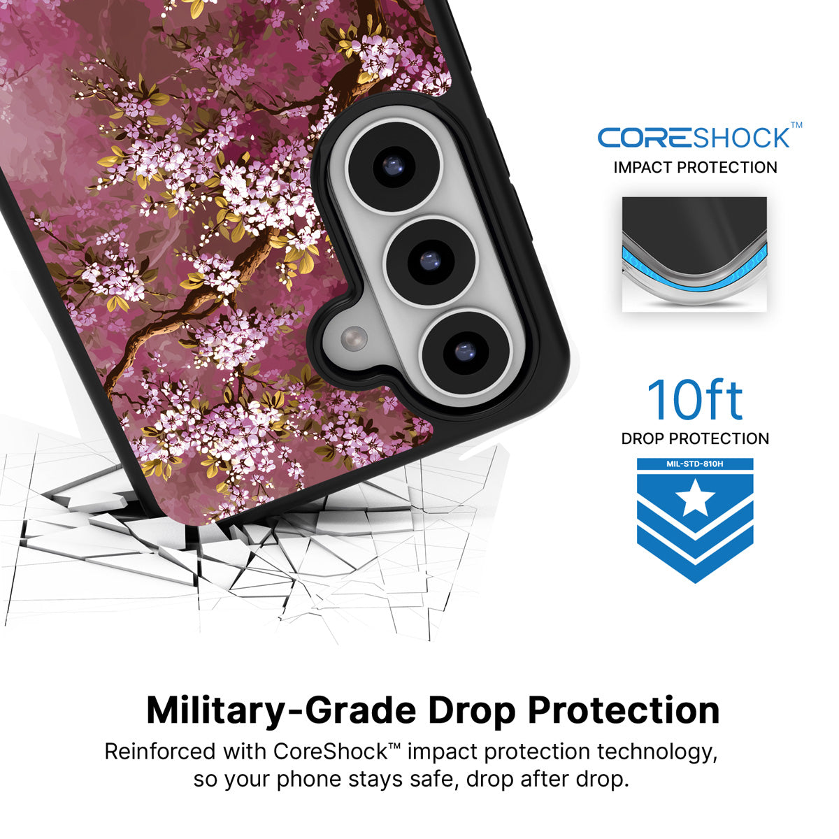 Rose Whisper Samsung Galaxy S26 case with 10ft military-grade drop protection