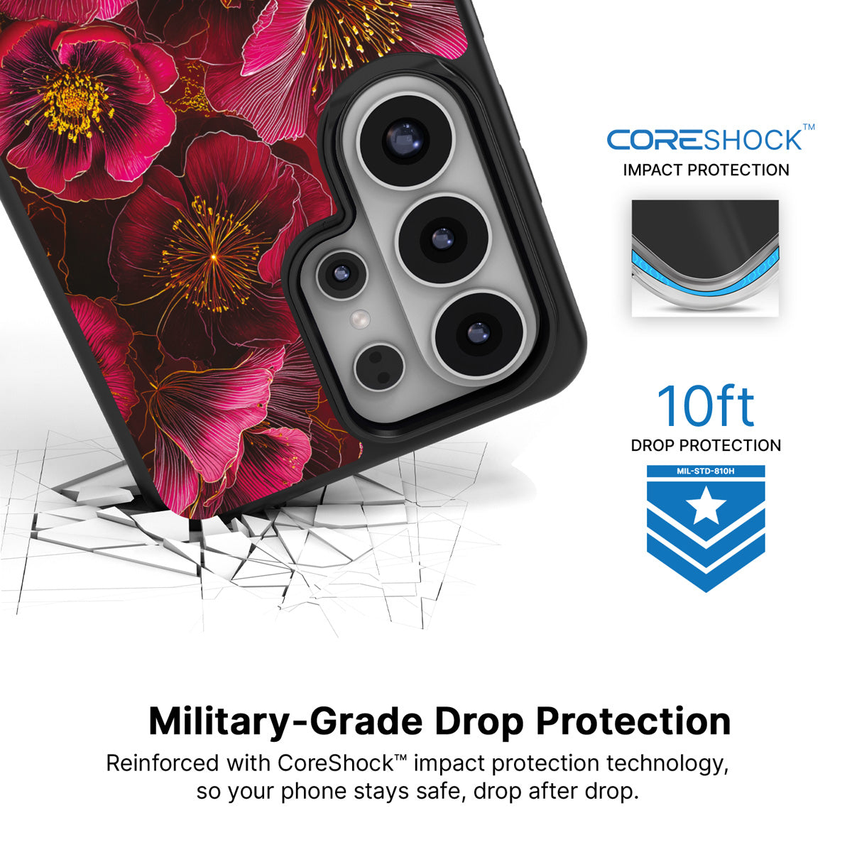 Ruby Flora Samsung Galaxy S26 Ultra case with 10ft military-grade drop protection