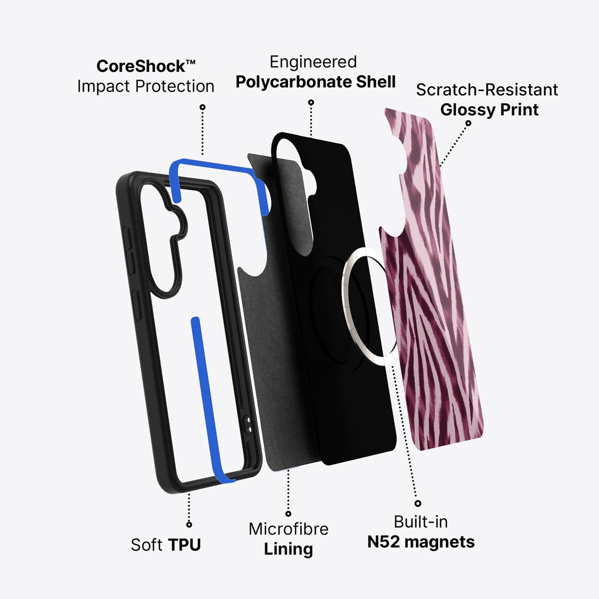 Samsung Galaxy S26 case construction and features – Sangria Zebra phone case
