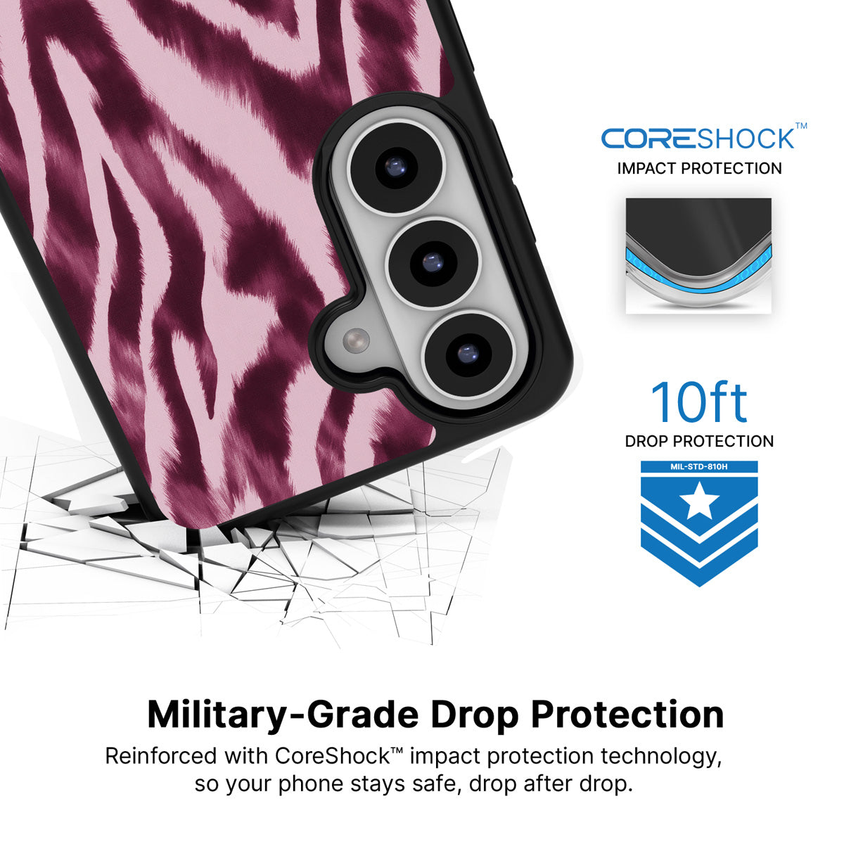 Sangria Zebra Samsung Galaxy S26 Plus case with 10ft military-grade drop protection