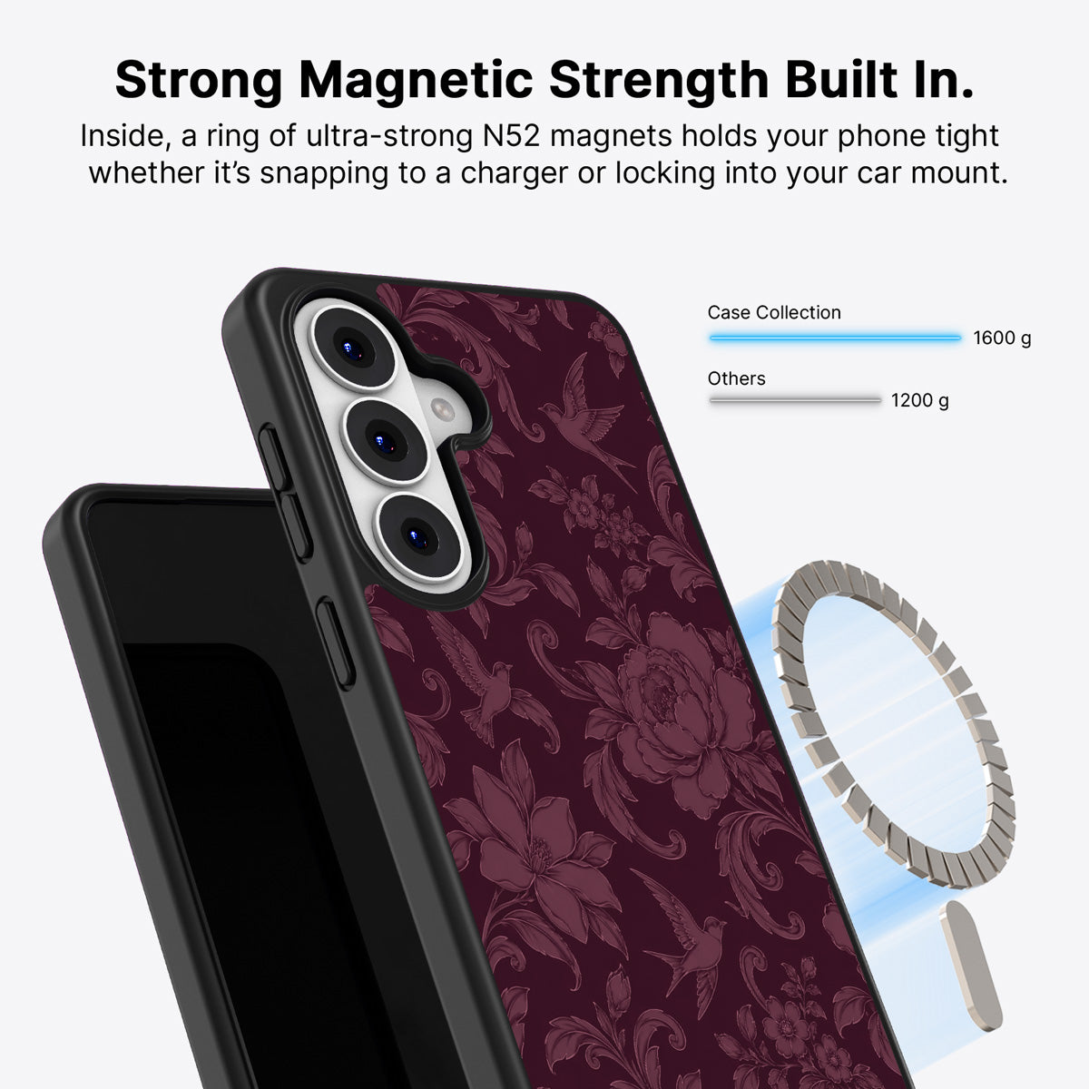 Samsung Galaxy S26 Plus Qi2 magnetic case with N52 magnets – Swallow Damask design