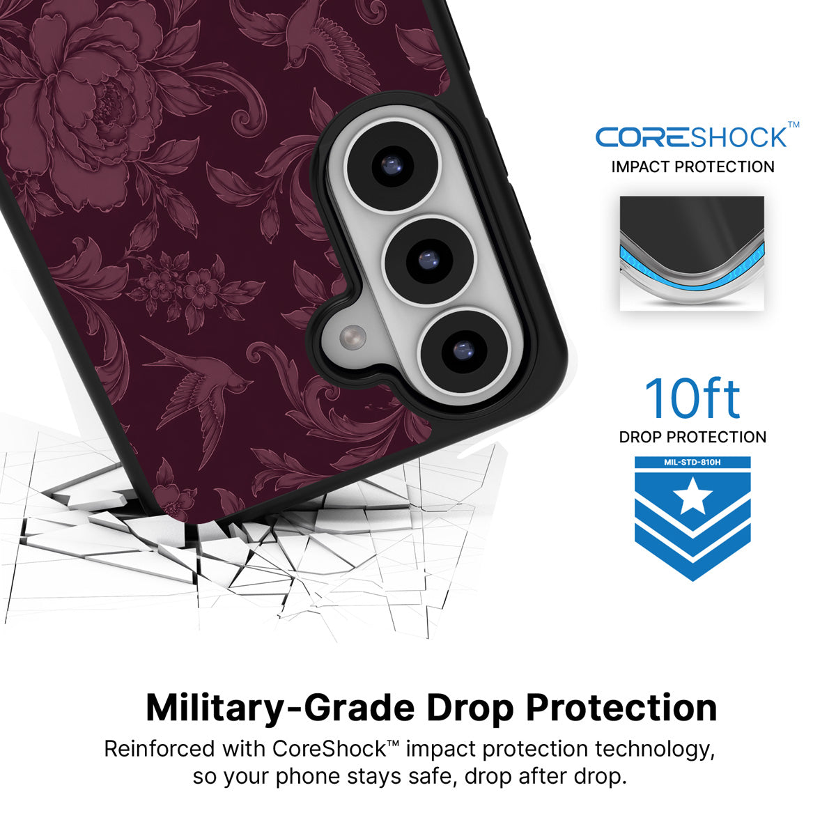 Swallow Damask Samsung Galaxy S26 Plus case with 10ft military-grade drop protection