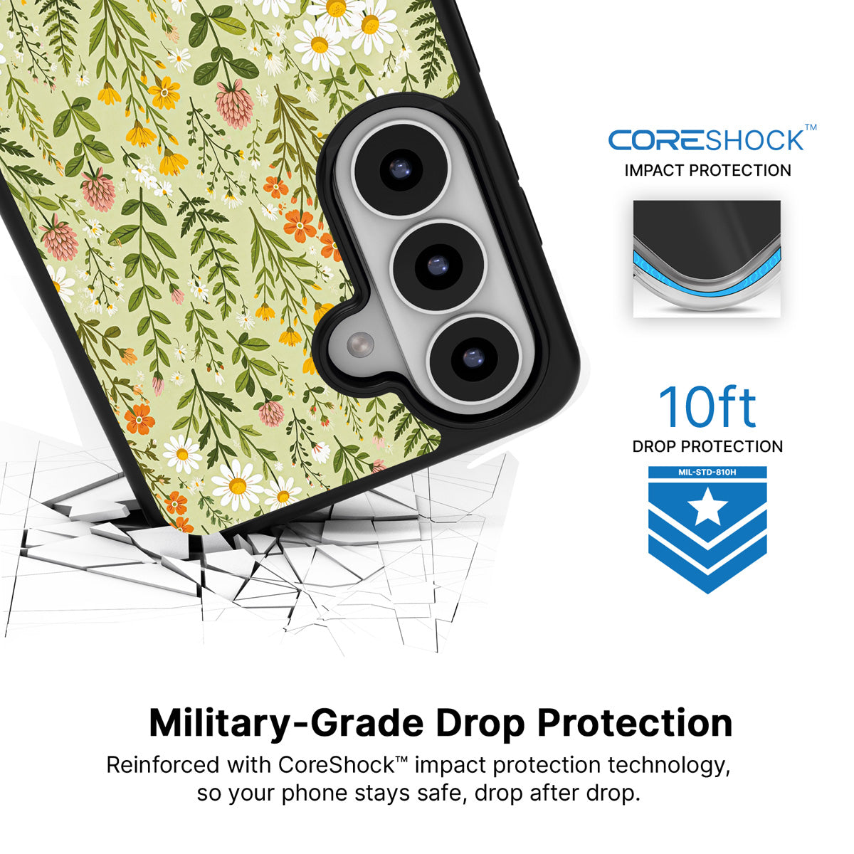 Wildflower Meadow Samsung Galaxy S26 case with 10ft military-grade drop protection
