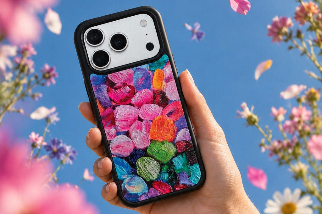 Petal Mosaic floral art iPhone 18 Pro Max case held against a wildflower sky — Case Collection