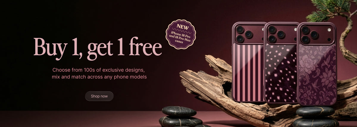 Promotional banner showing three smartphone cases on driftwood and stones, with text reading 'Buy 1, get 1 free' and a circular badge advertising exclusive designs for Burgundy iphone 18 pro max cases