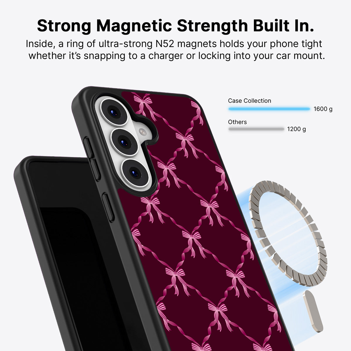 Samsung Galaxy S26 Qi2 magnetic case with N52 magnets – Bordeaux Bow design
