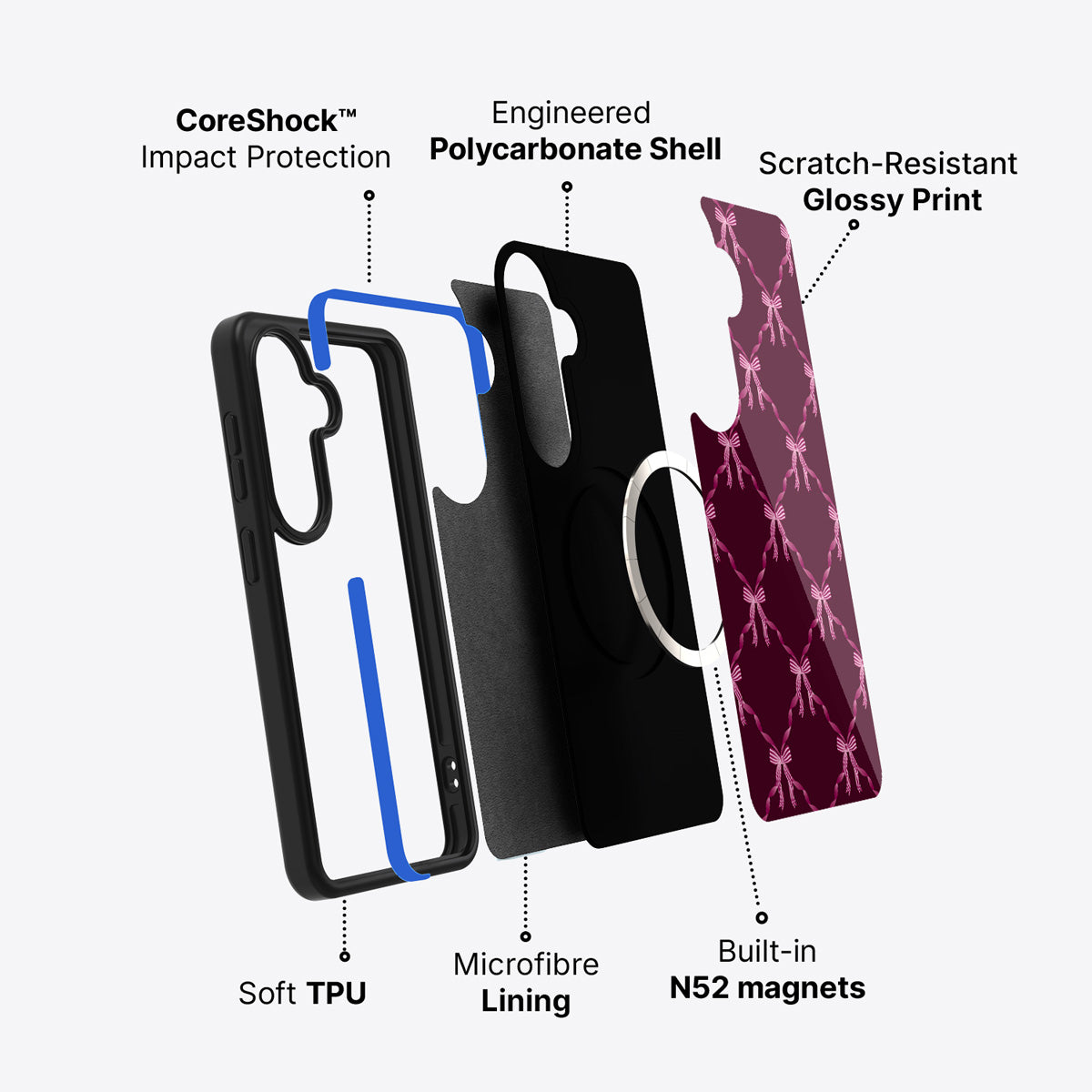 Samsung Galaxy S26 Plus case construction and features – Bordeaux Bow phone case