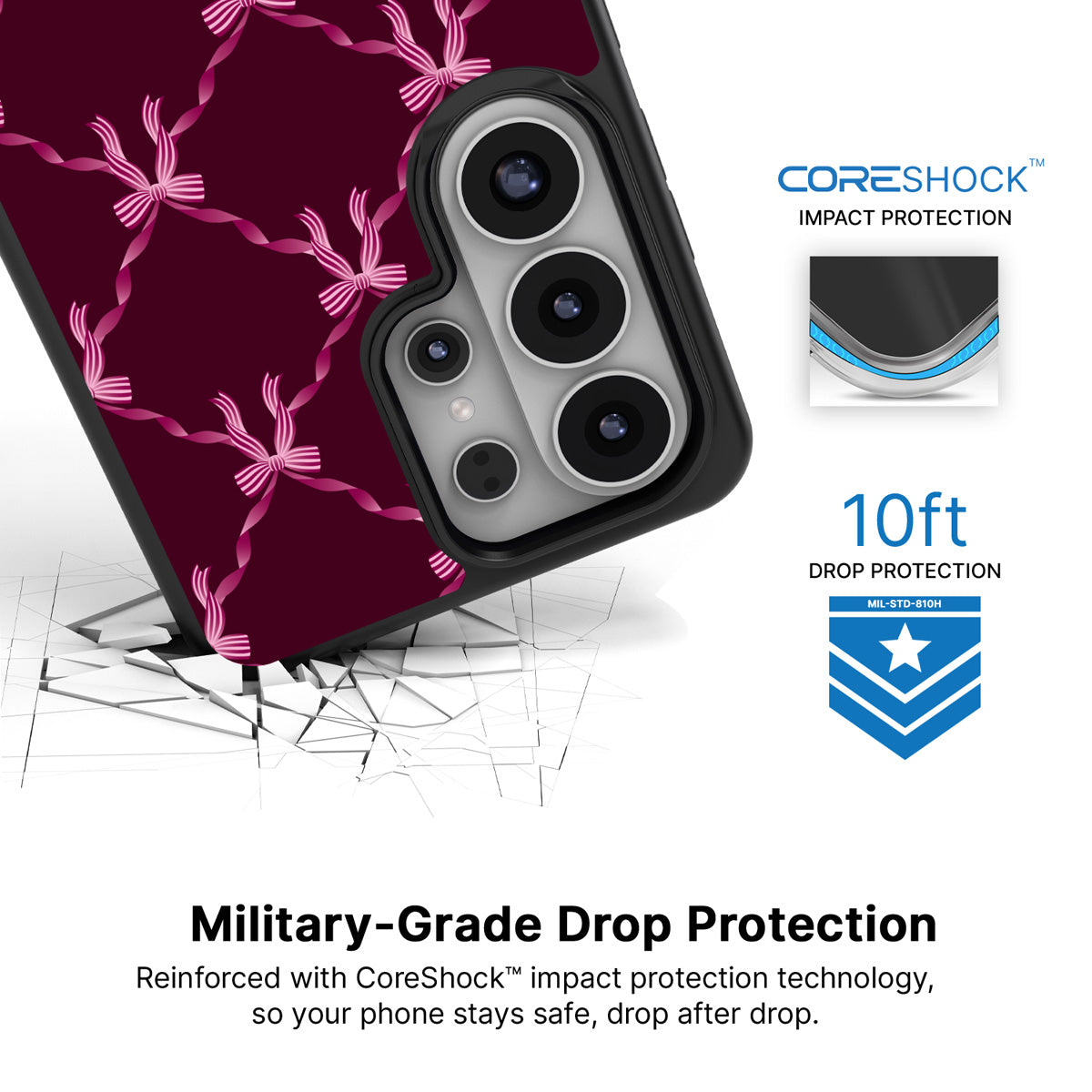 Bordeaux Bow Samsung Galaxy S26 Ultra case with 10ft military-grade drop protection