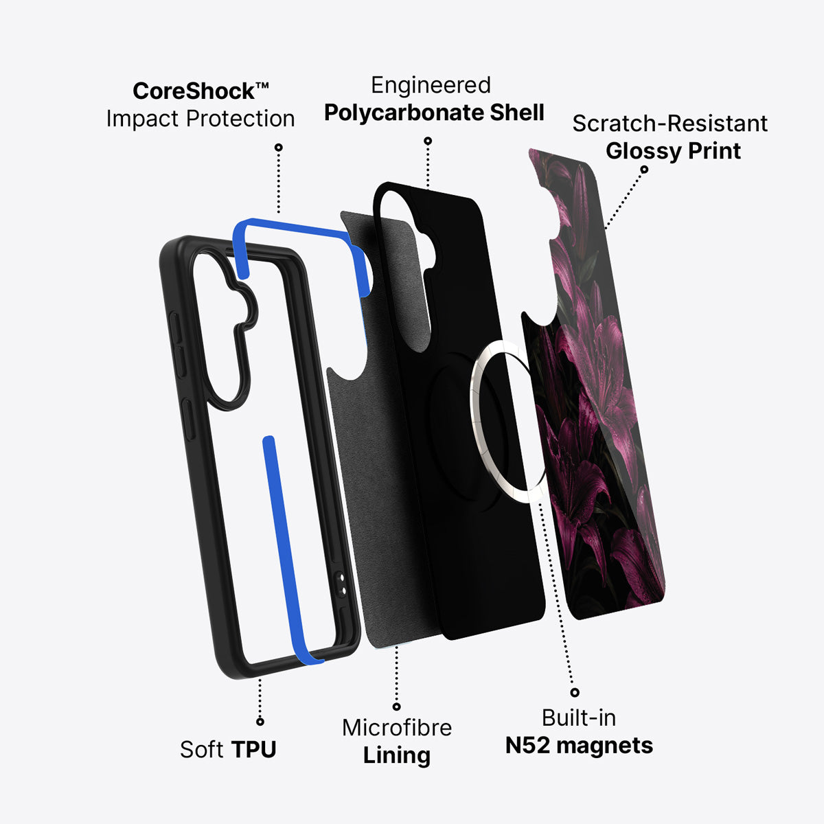 Samsung Galaxy S26 case construction and features – Burgundy Lily phone case