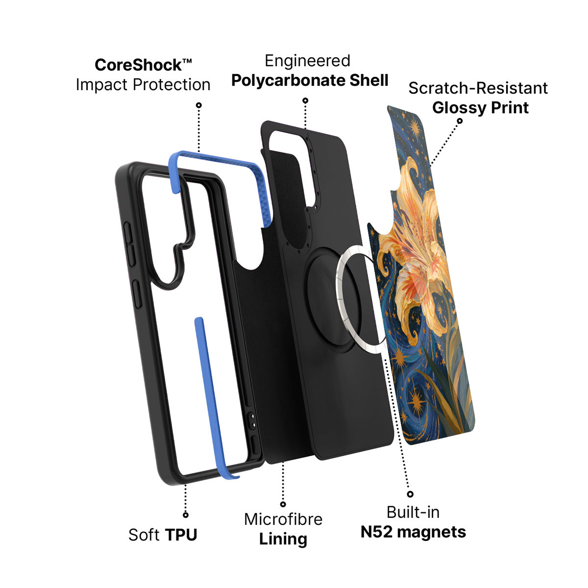 Samsung Galaxy S26 Ultra case construction and features – Celestial Bloom phone case
