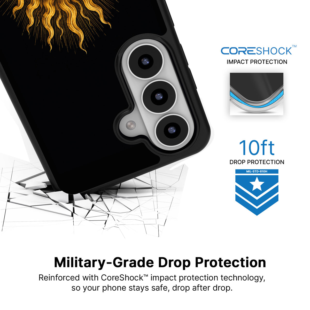 Celestial Sun Samsung Galaxy S26 case with 10ft military-grade drop protection