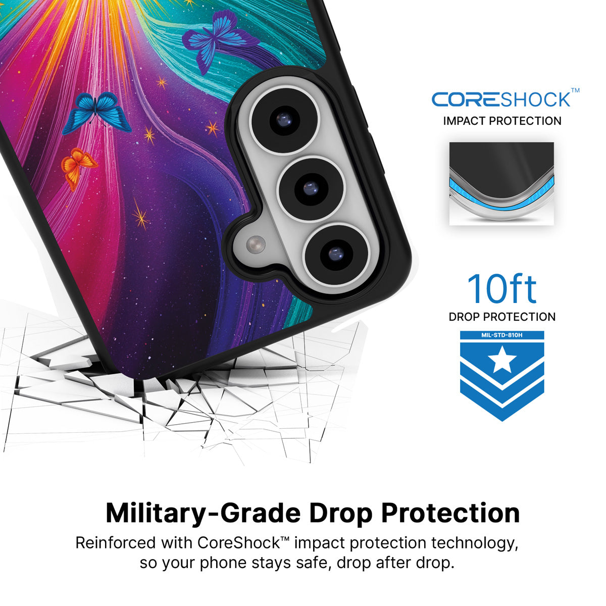 Cosmic Aura Samsung Galaxy S26 case with 10ft military-grade drop protection