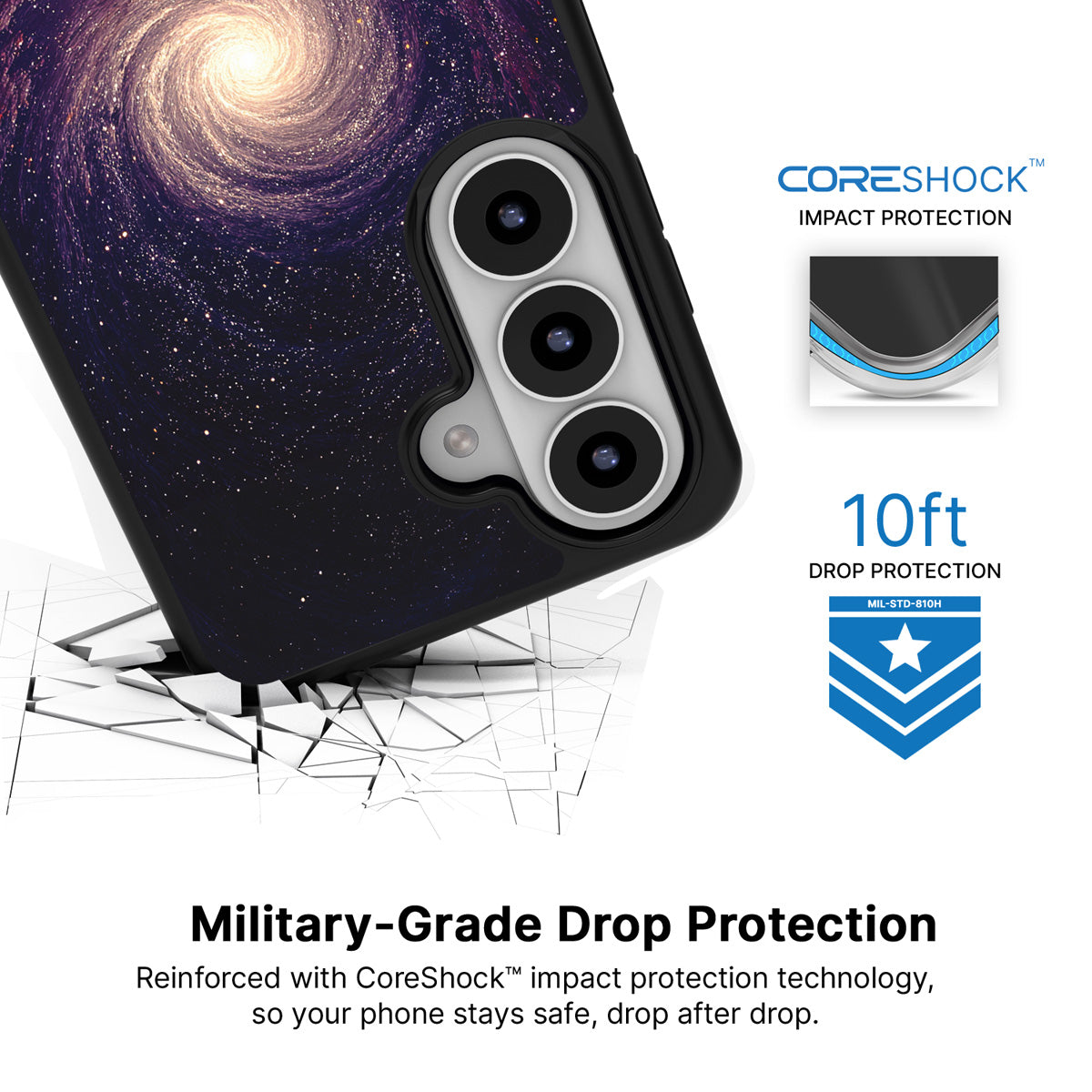 Cosmic Vortex Samsung Galaxy S26 case with 10ft military-grade drop protection