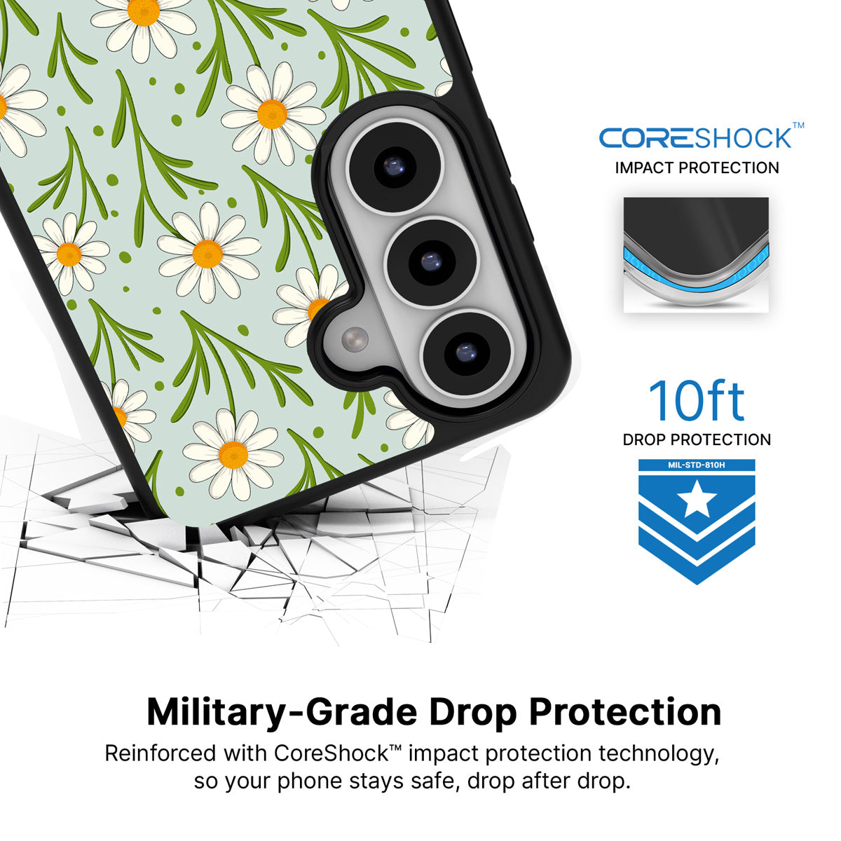 Daisy Flowers Samsung Galaxy S26 Plus case with 10ft military-grade drop protection