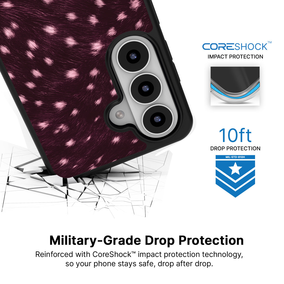 Fawn Spots Samsung Galaxy S26 Plus case with 10ft military-grade drop protection