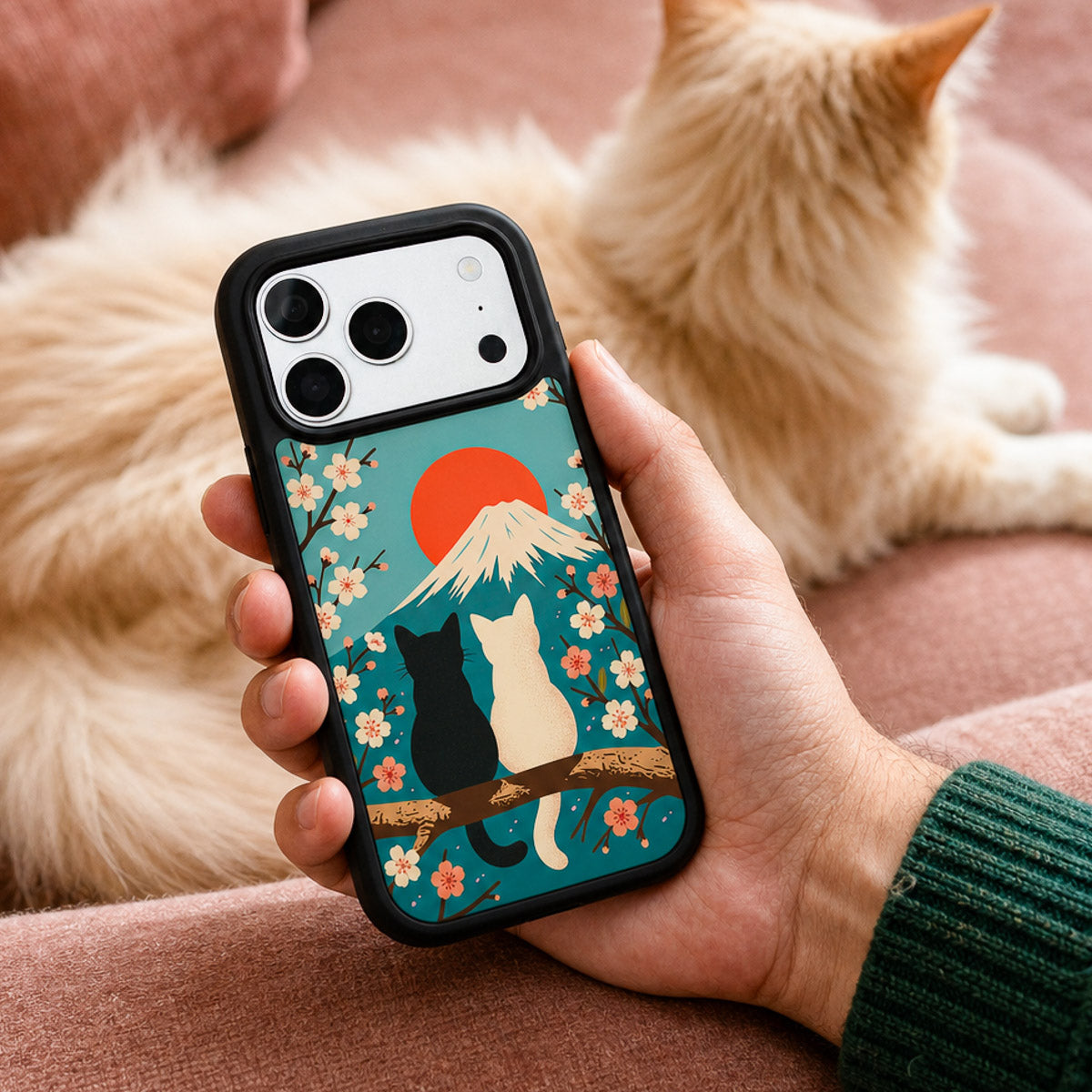 Fuji Cats iPhone 18 Pro Max case held in hand – lifestyle view