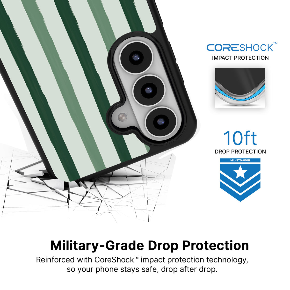 Green Watercolor Stripes Samsung Galaxy S26 case with 10ft military-grade drop protection