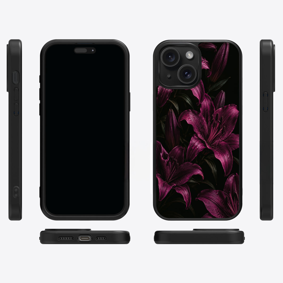 Burgundy Lily iPhone 14 Plus case cover – multi-angle view