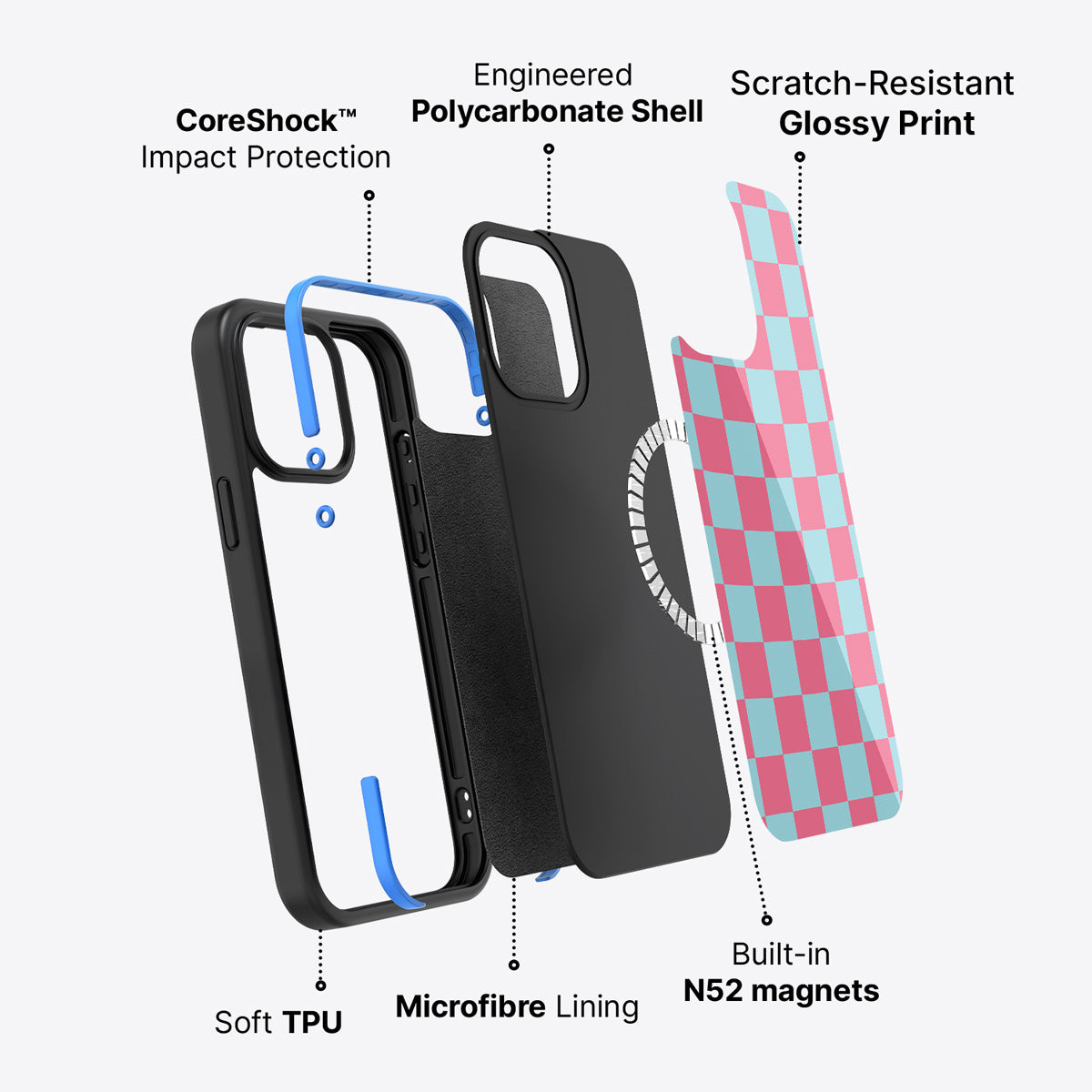 Blue Checkered Designer iPhone 15 Case – Candy Floss | MagSafe