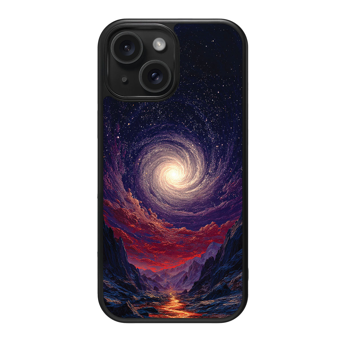 Cosmic Vortex design back view – iPhone 15 case