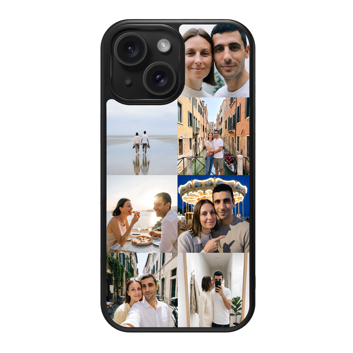 Personalised Photo Collage iPhone 15 case – back view, couples 7-photo collage