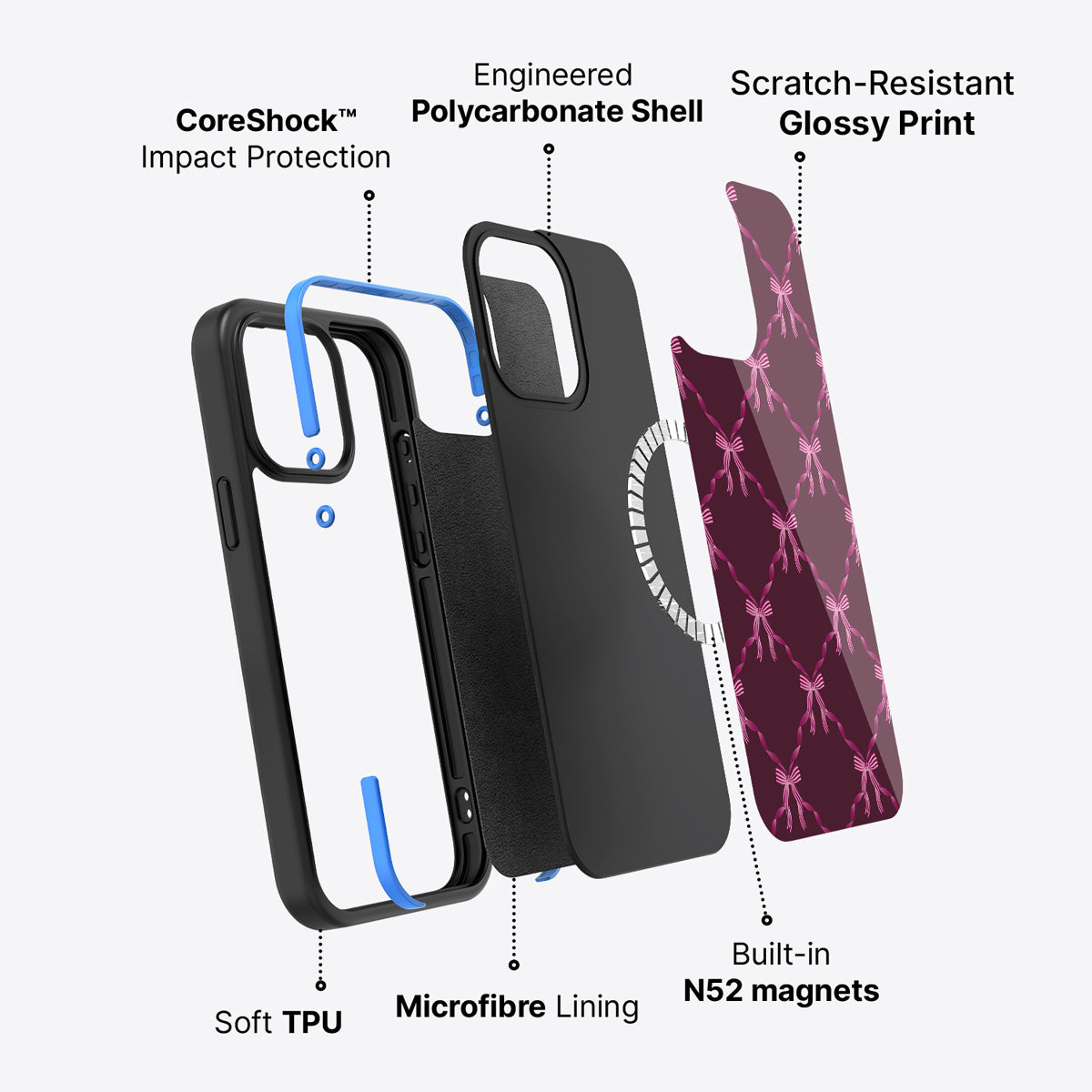 iPhone 15 Plus case construction – Bordeaux Bow phone case