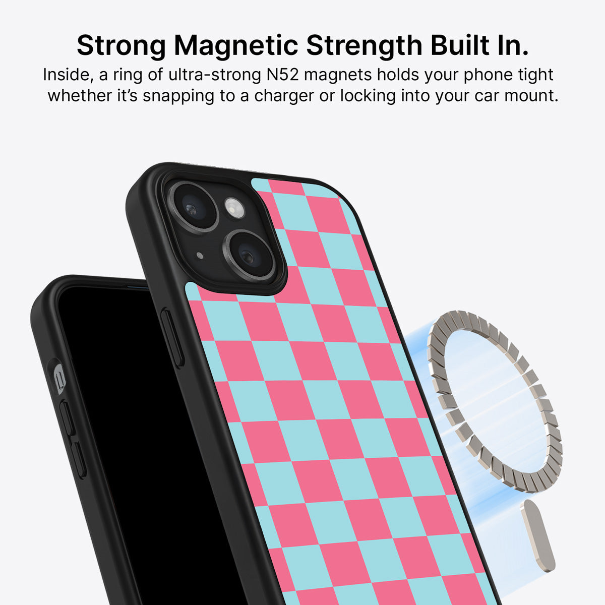 Blue Checkered Designer iPhone 15 Plus Case – Candy Floss | MagSafe