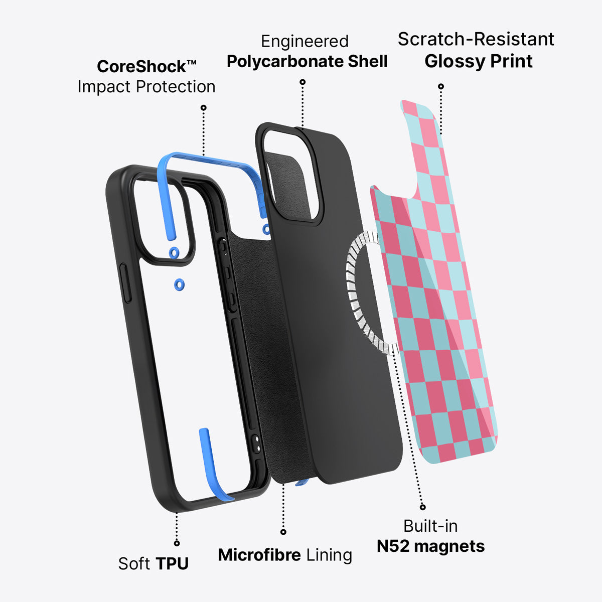 Blue Checkered Designer iPhone 15 Pro Case – Candy Floss | MagSafe