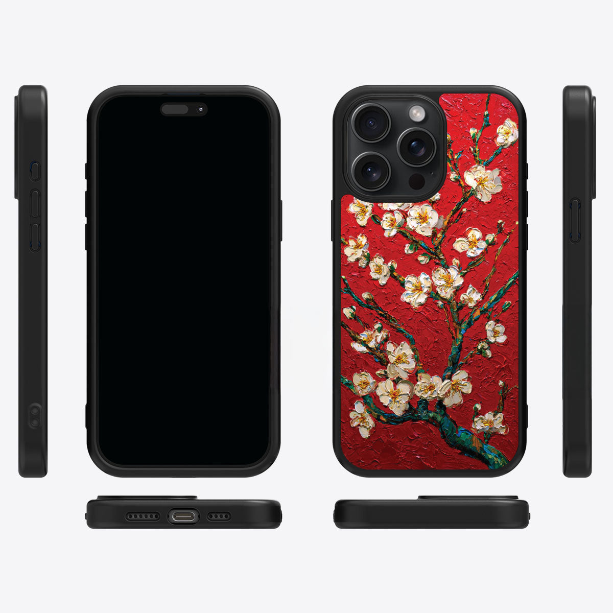 Crimson Blossom iPhone 15 Pro case cover – multi-angle view