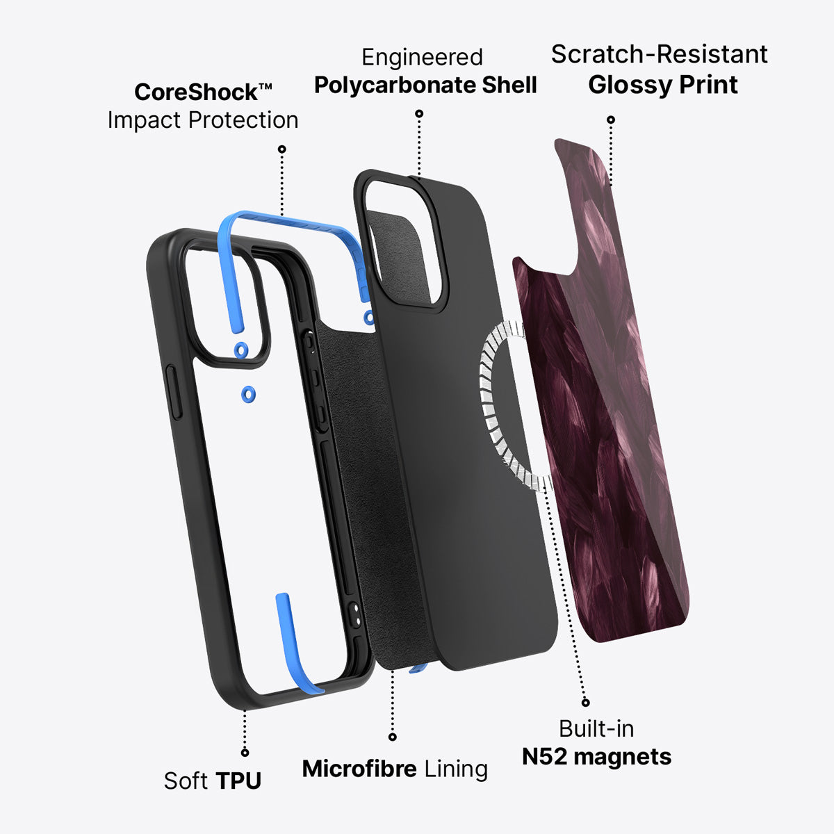 iPhone 15 Pro Max case construction – Wine Plumage phone case