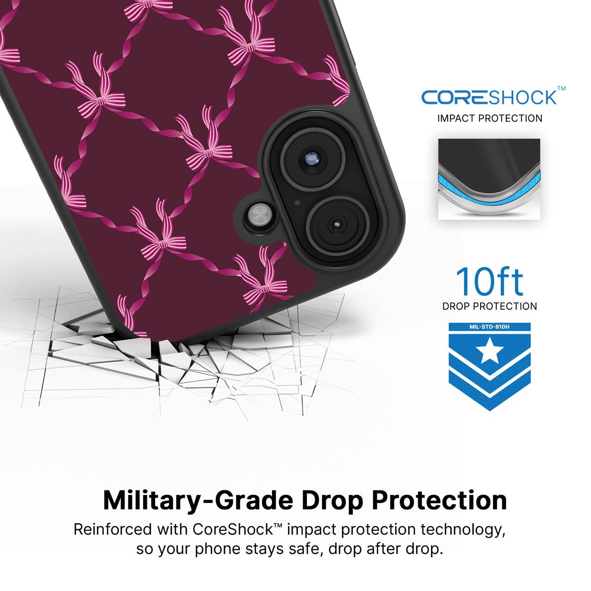 Bordeaux Bow iPhone 16 case with drop protection