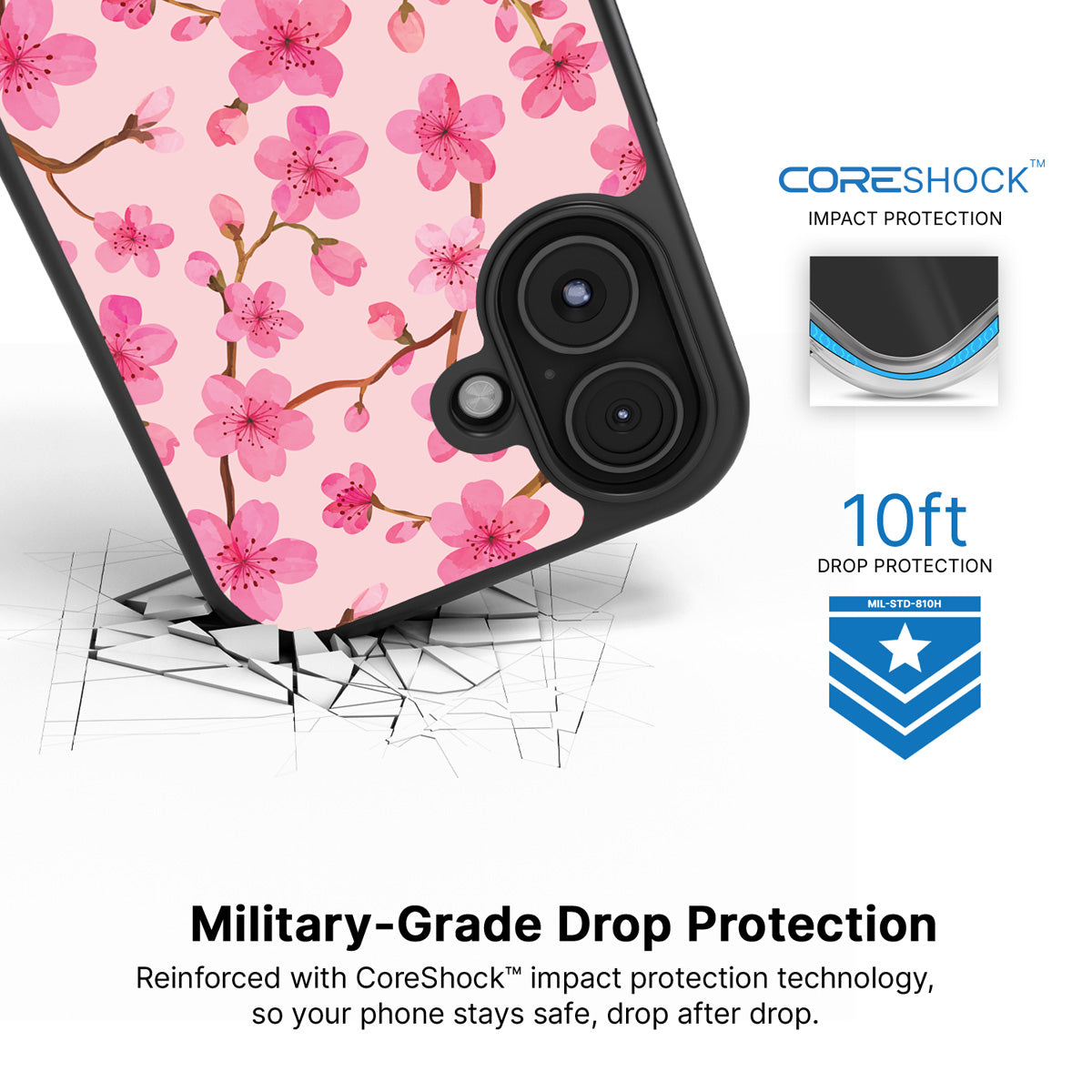 Cherry Blossom iPhone 16 case with drop protection