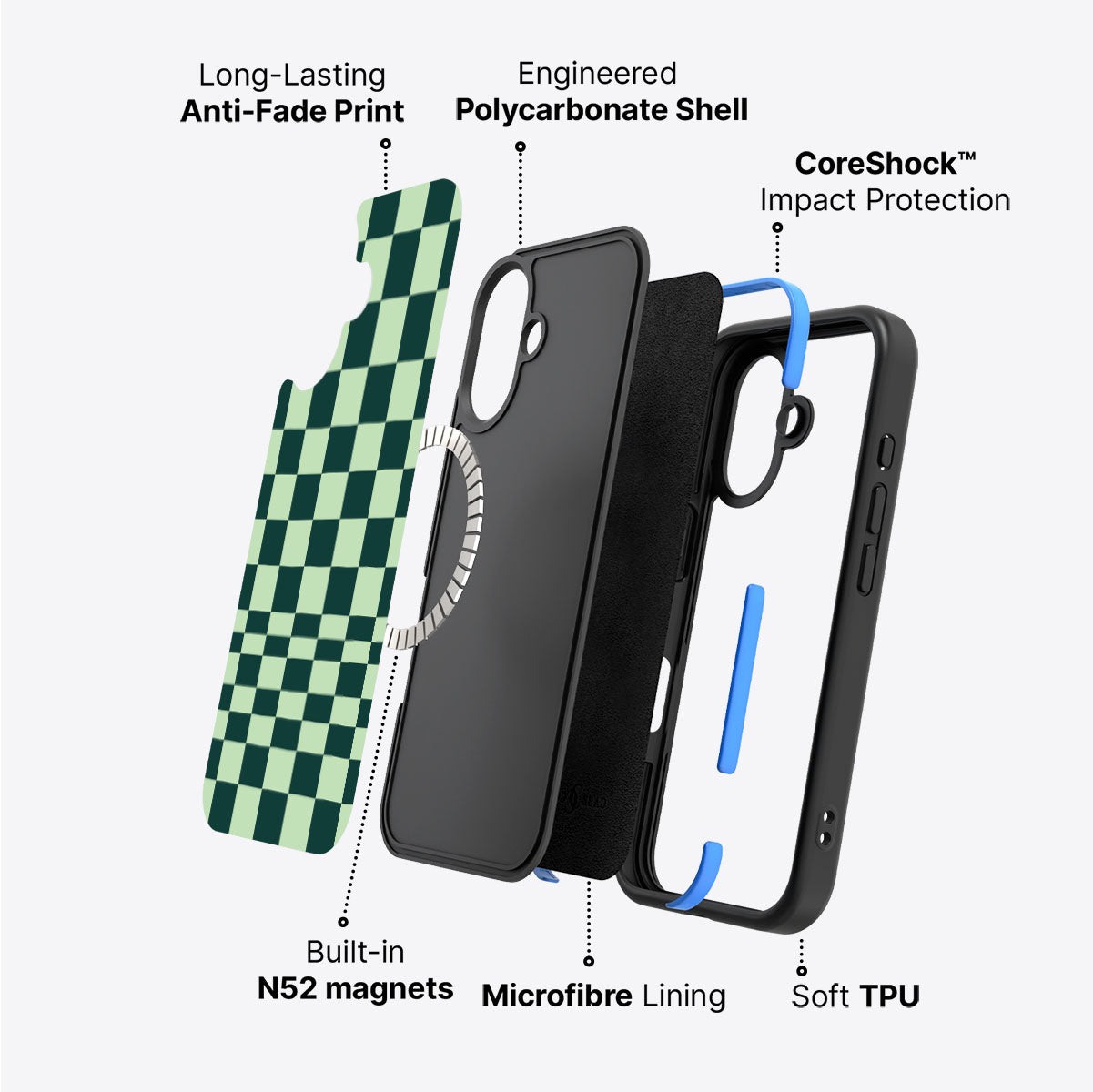 iPhone 16 case construction – Mint Matrix phone case