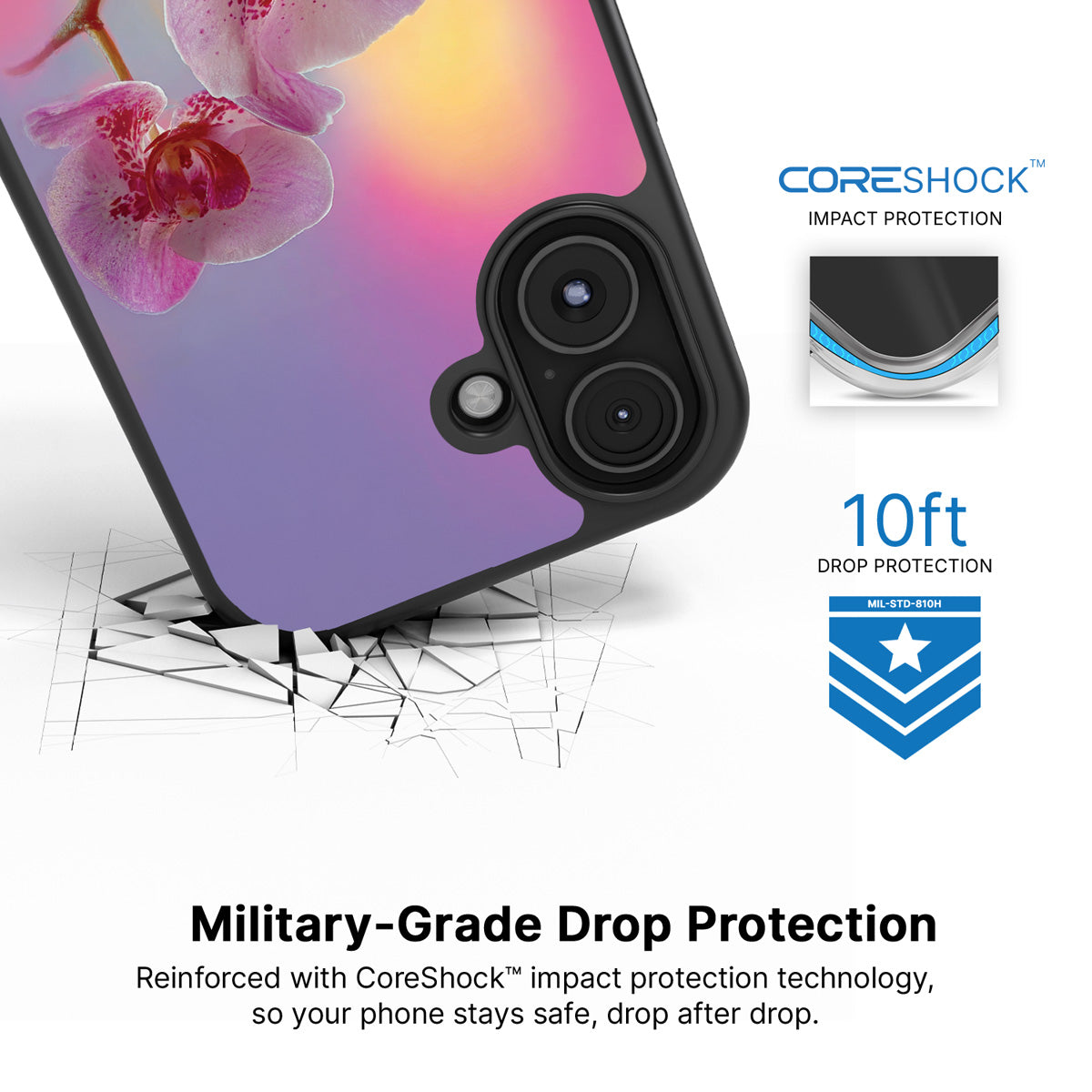 Orchid Dream iPhone 16 case with drop protection