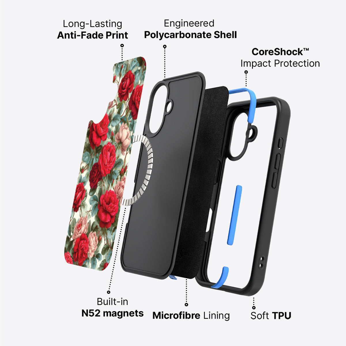 Red Floral Designer iPhone 16 Case – Ruby Roses | MagSafe