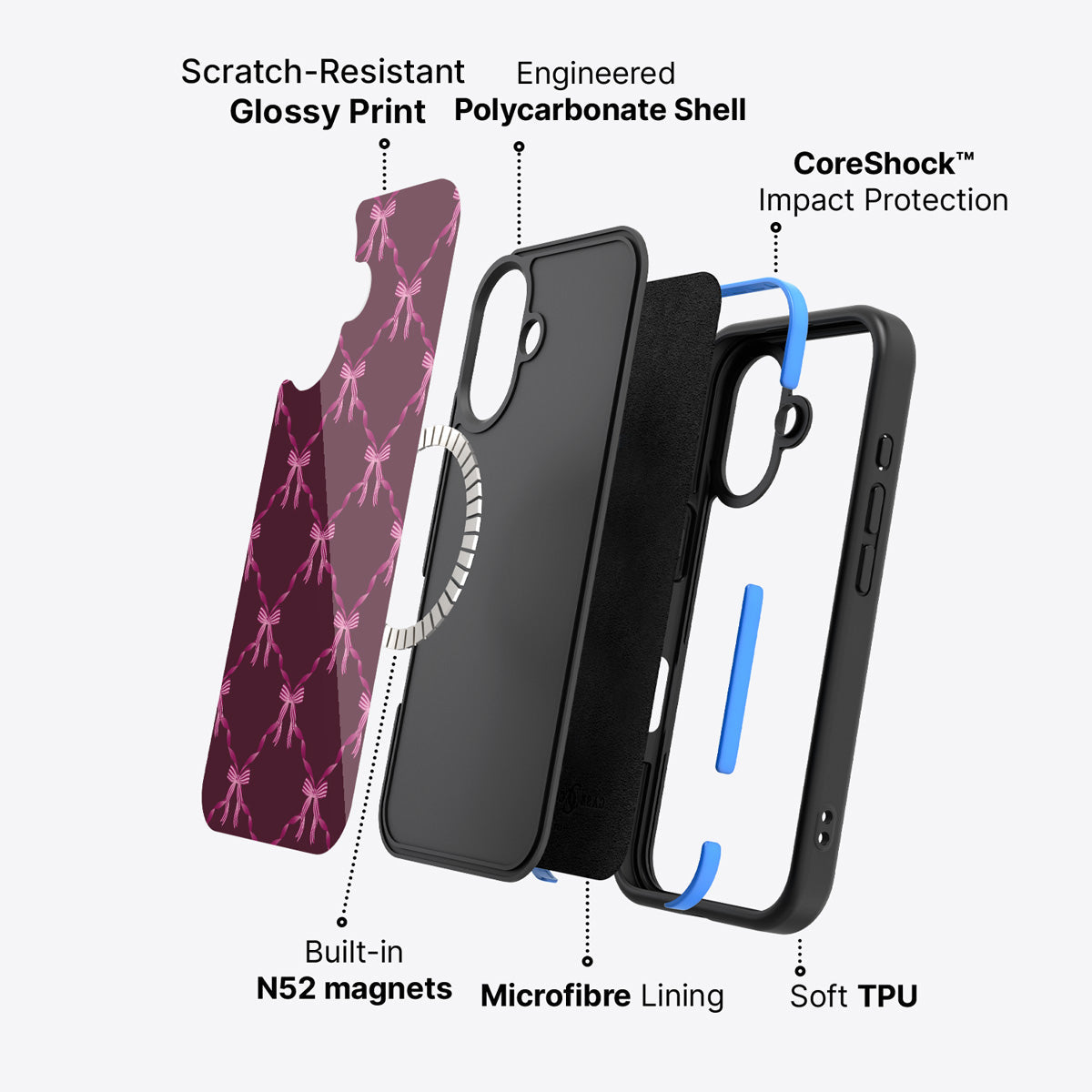 iPhone 16 Plus case construction – Bordeaux Bow phone case