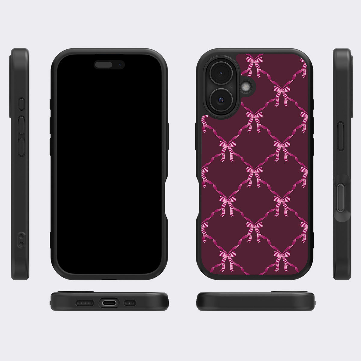 Bordeaux Bow iPhone 16 Plus case cover – multi-angle view