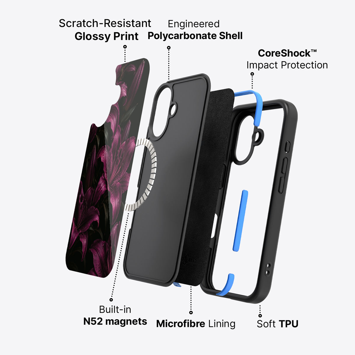 iPhone 16 Plus case construction – Burgundy Lily phone case