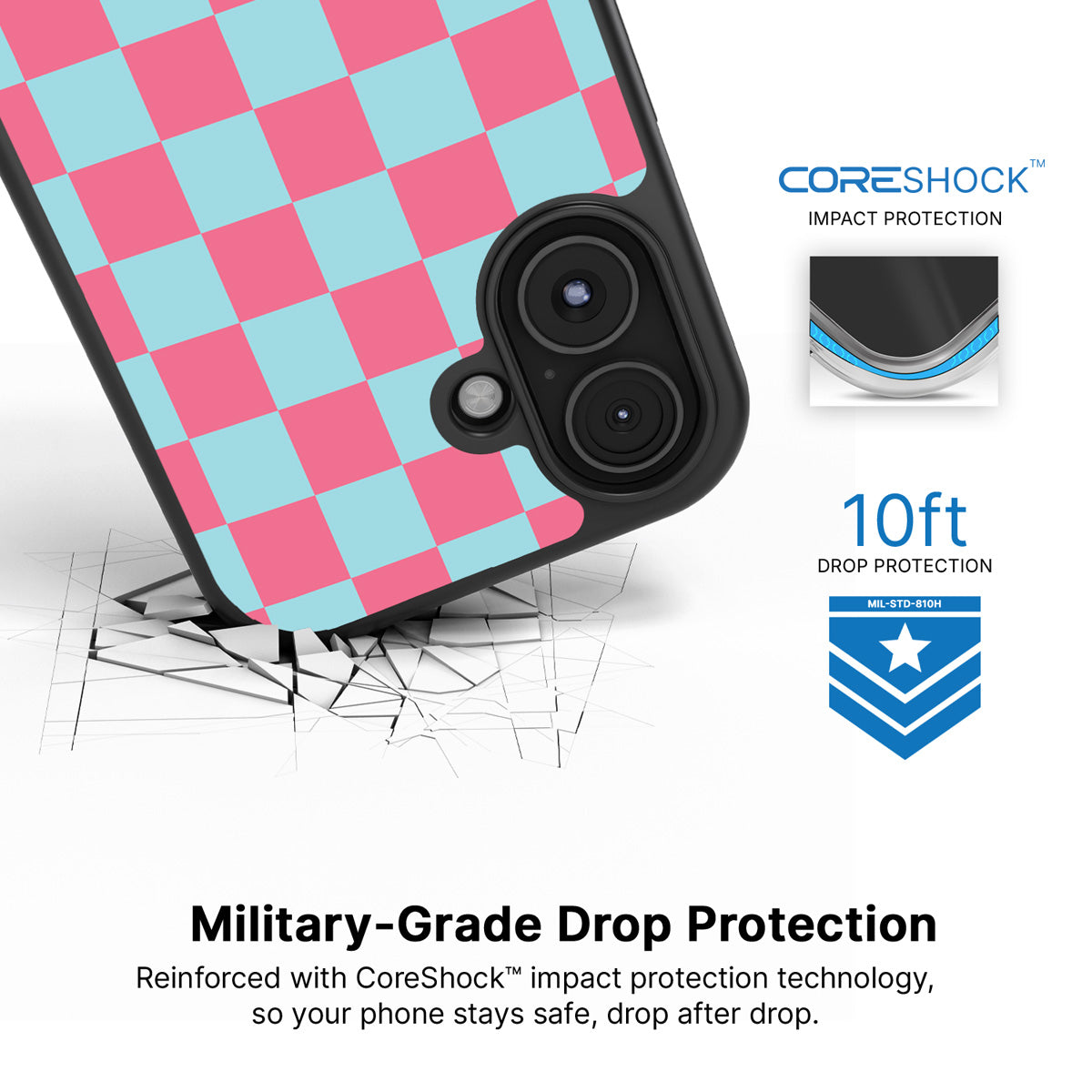 Blue Checkered Designer iPhone 16 Plus Case – Candy Floss | MagSafe