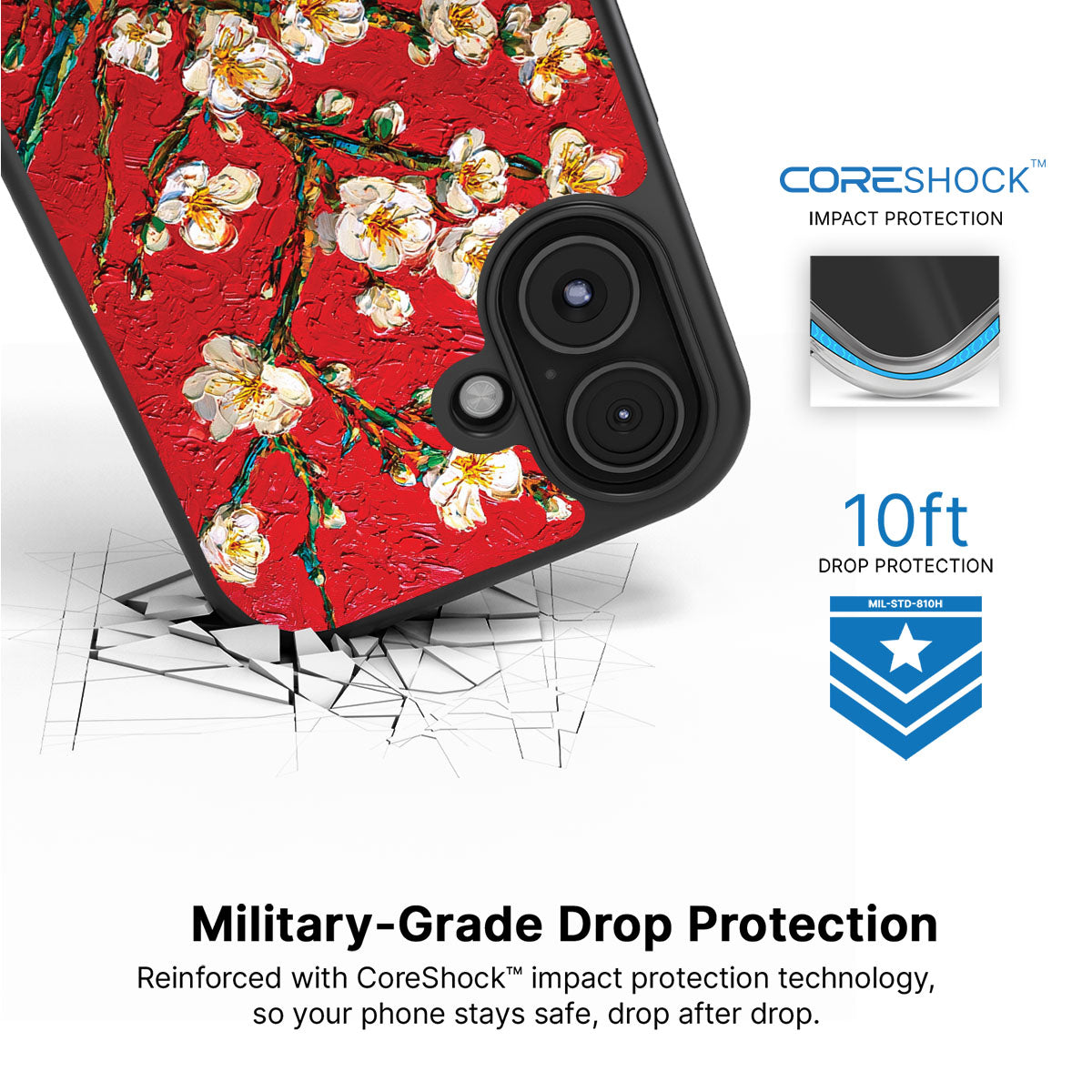Crimson Blossom iPhone 16 Plus case with drop protection