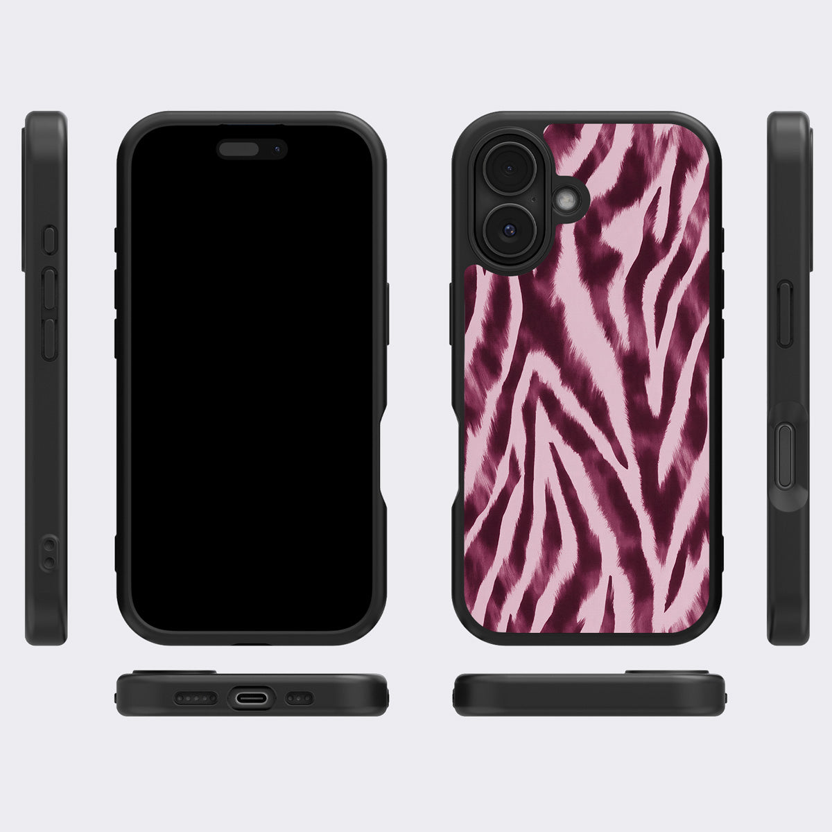 Sangria Zebra iPhone 16 Plus case cover – multi-angle view