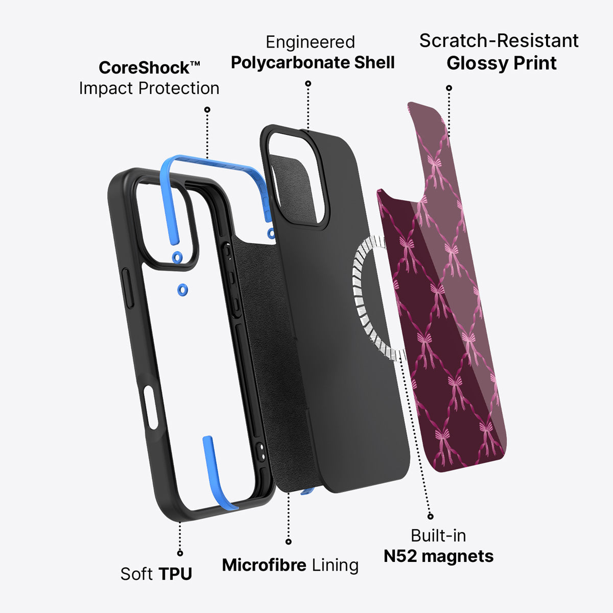 iPhone 16 Pro case construction – Bordeaux Bow phone case
