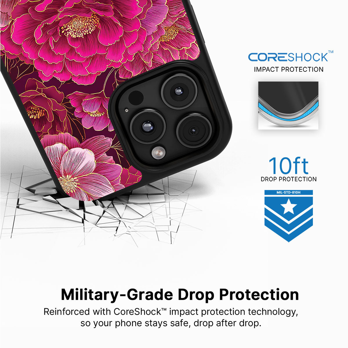 Pink Reverie iPhone 16 Pro case with drop protection