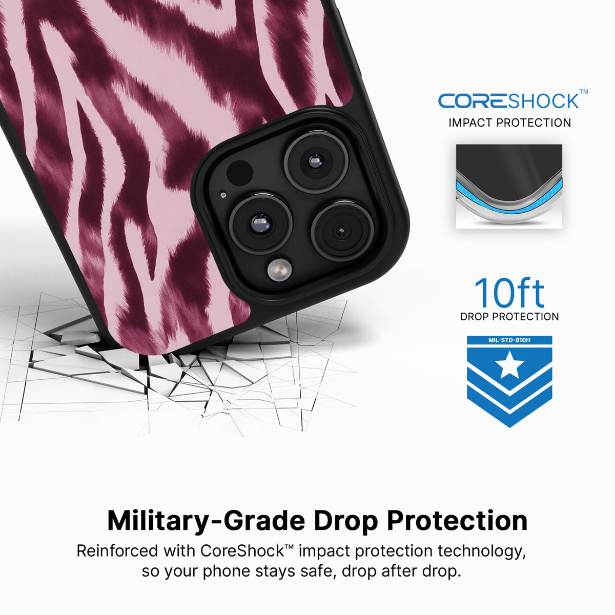Sangria Zebra iPhone 16 Pro case with drop protection