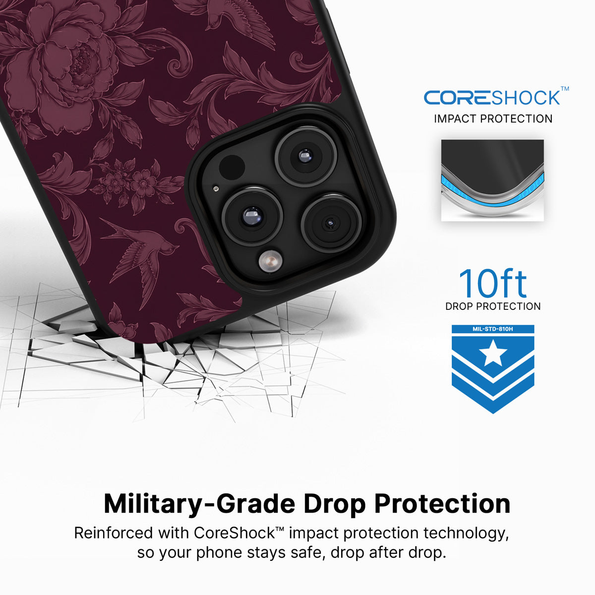 Swallow Damask iPhone 16 Pro case with drop protection